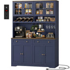 Green Kitchen Pantry & Coffee Bar Hutch with Charging Station, Glass Doors, Wine Storage & 2 Drawers