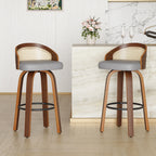 Swivel Bar Stools, Modern Wood Frame with Rattan Back, PU Leather Seat for Kitchen Counter & Bar Table - Set of 2