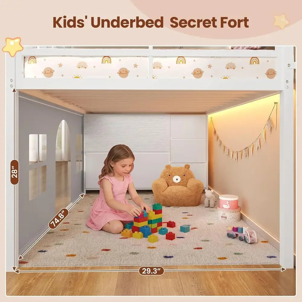 Twin Low Loft Bed with Tent, Storage & LED Lights