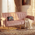 65“ Convertible Futon Sofa Bed w/ 2 USB, Upholstered Tufted Small Adjustable Folding Couch Loveseat, Modern Mid Century, Custom