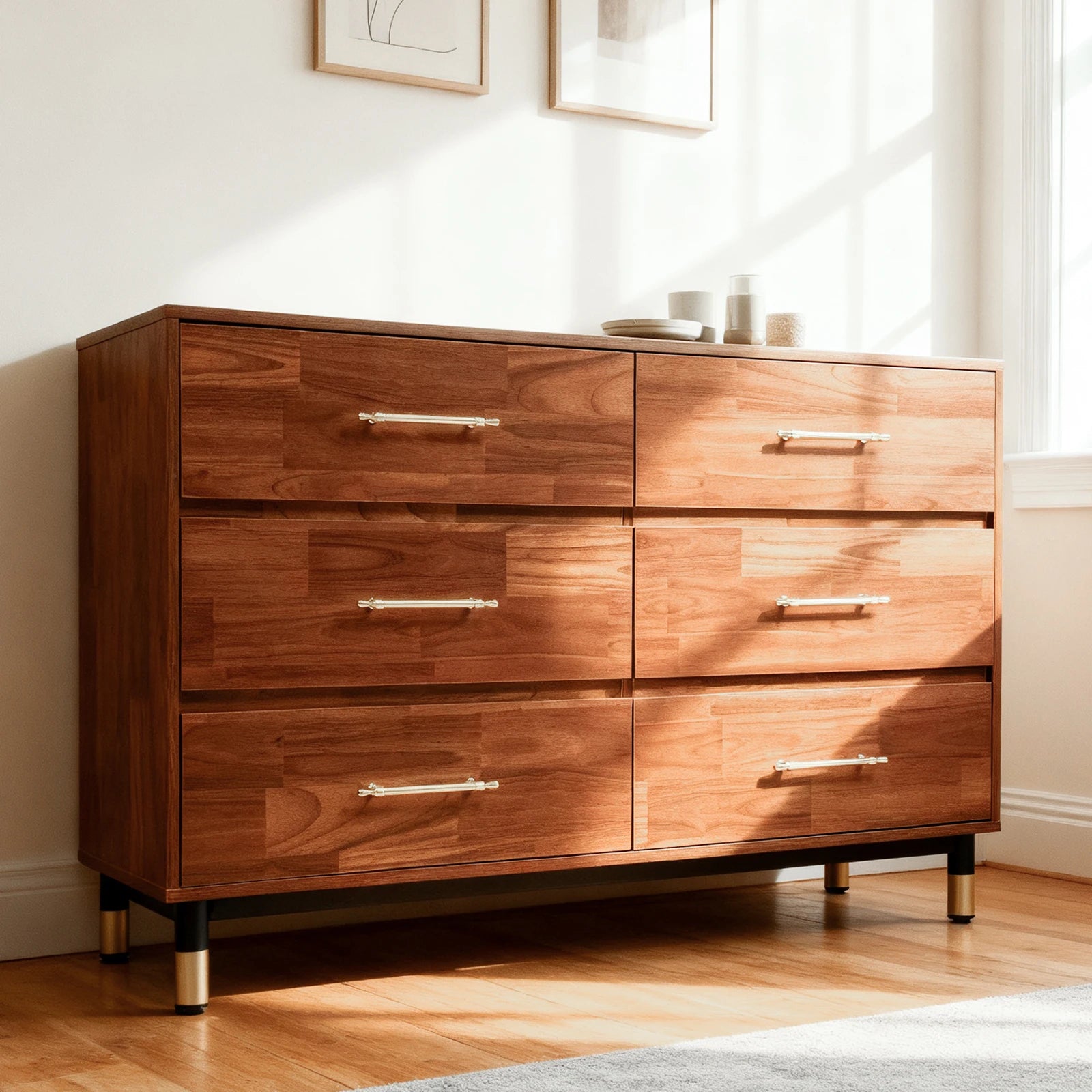 Walnut Modern Wood Dresser – 6 Drawer Storage Cabinet