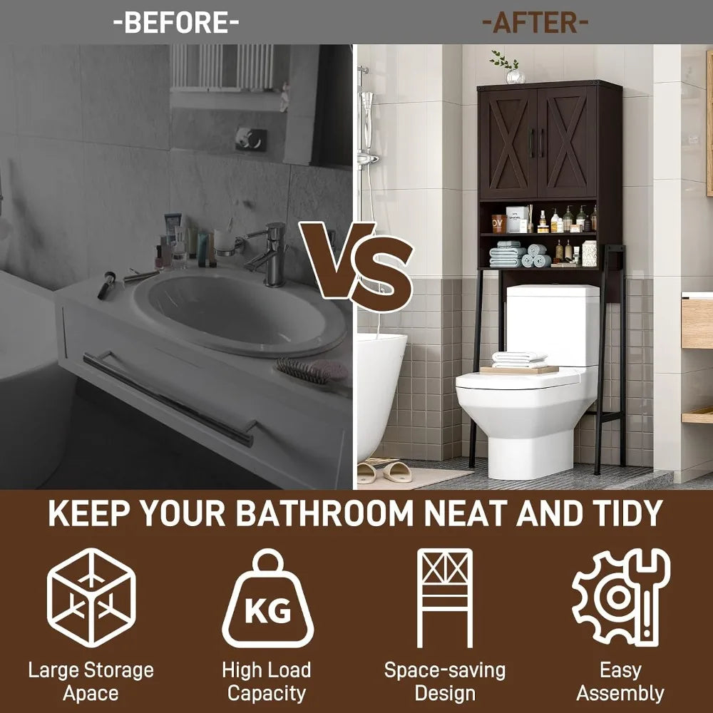Farmhouse Over Toilet Storage Cabinet, Metal Frame with Barn Doors, Space-Saving Bathroom Rack