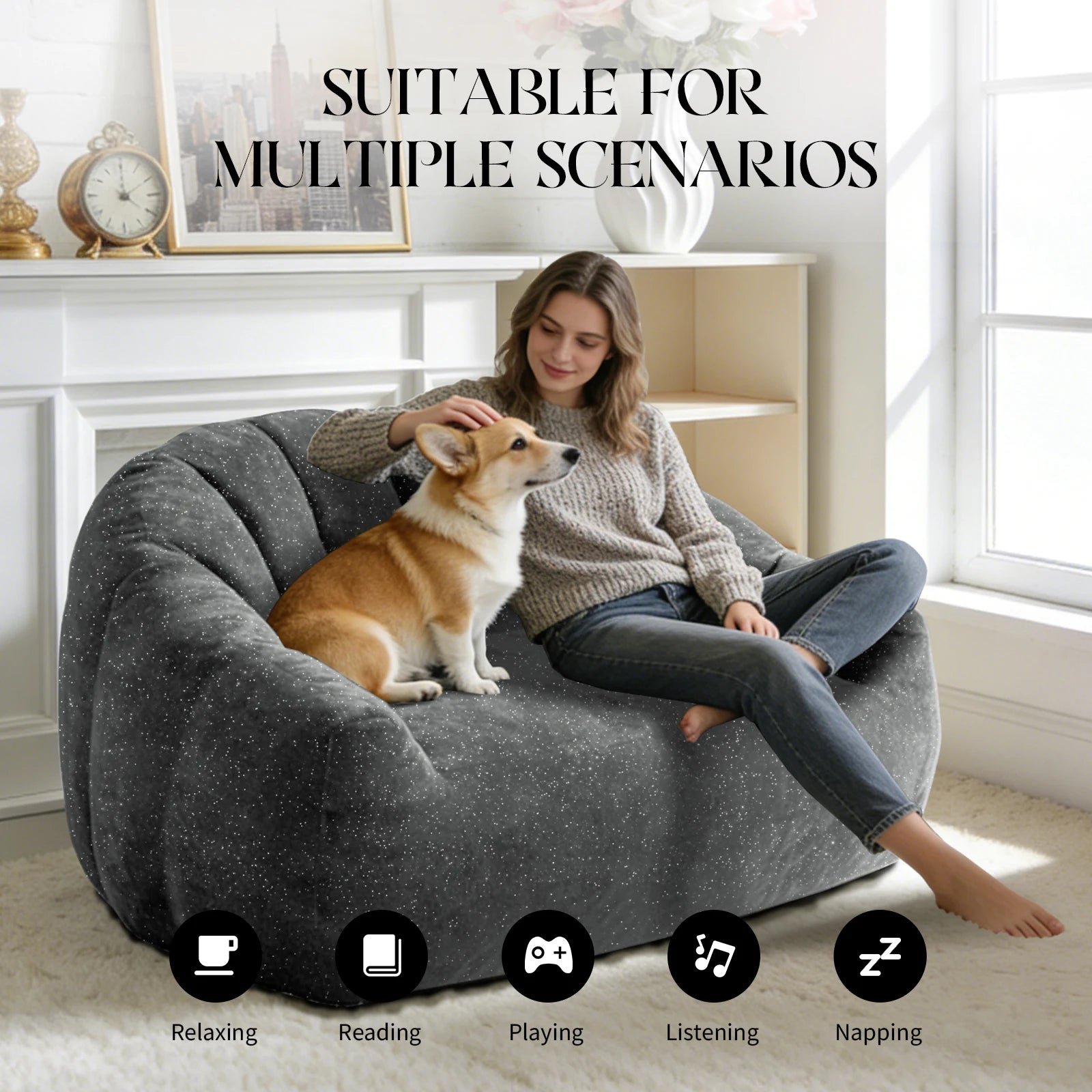 Comfy Bean Bag Sofa with Back Support, Oversized Reading Chair ， Big Fluffy Lazy Lounge Sofa ，Faux Fur Bean Bag Chair ， Stuffed Floor Sofa for Living Room, Bedroom