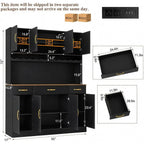 Black Kitchen Pantry Hutch with LED Lighting, Charging Station, Wine Rack & Adjustable Storage