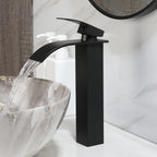 Aurora Luxe Marbled Ceramic Vessel Sink with Matte Black Waterfall Faucet Set