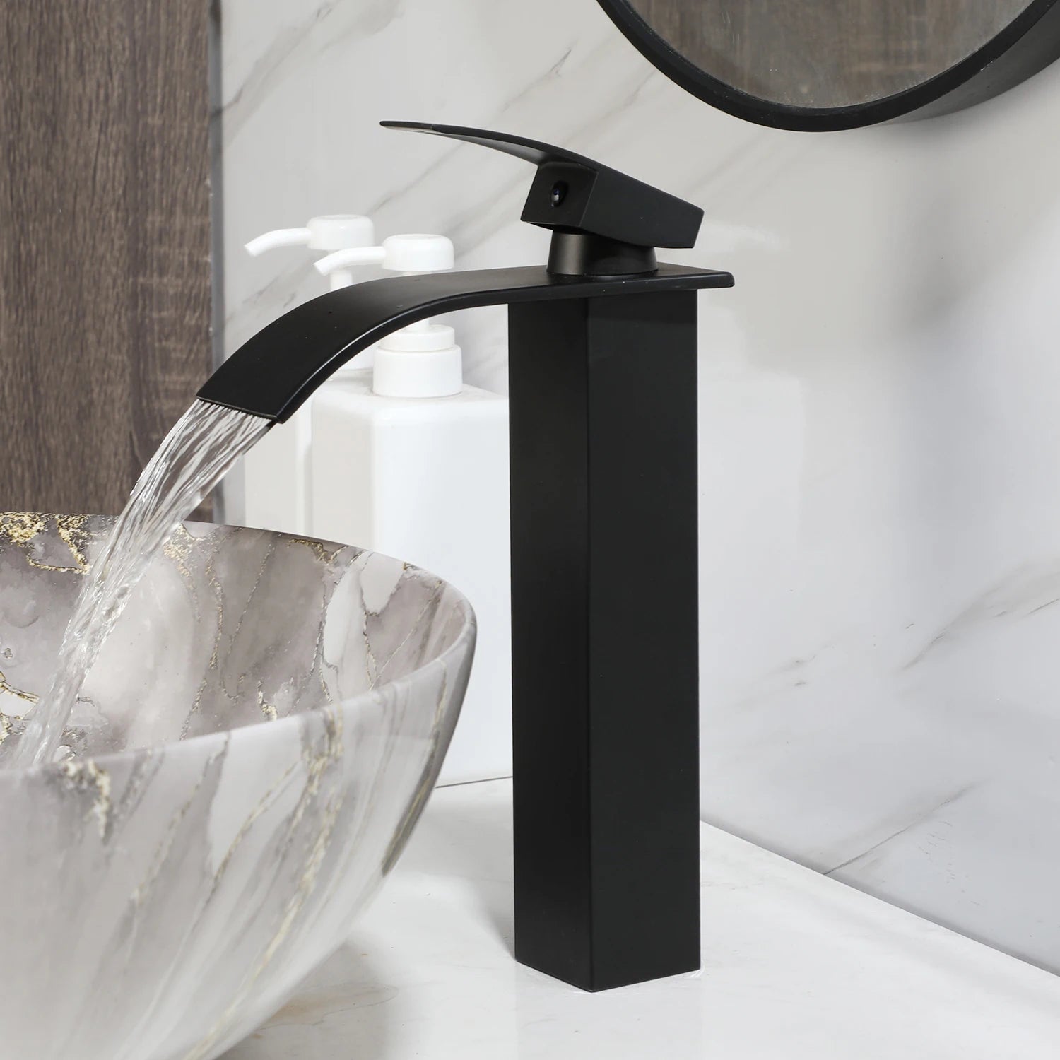 Aurora Luxe Marbled Ceramic Vessel Sink with Matte Black Waterfall Faucet Set
