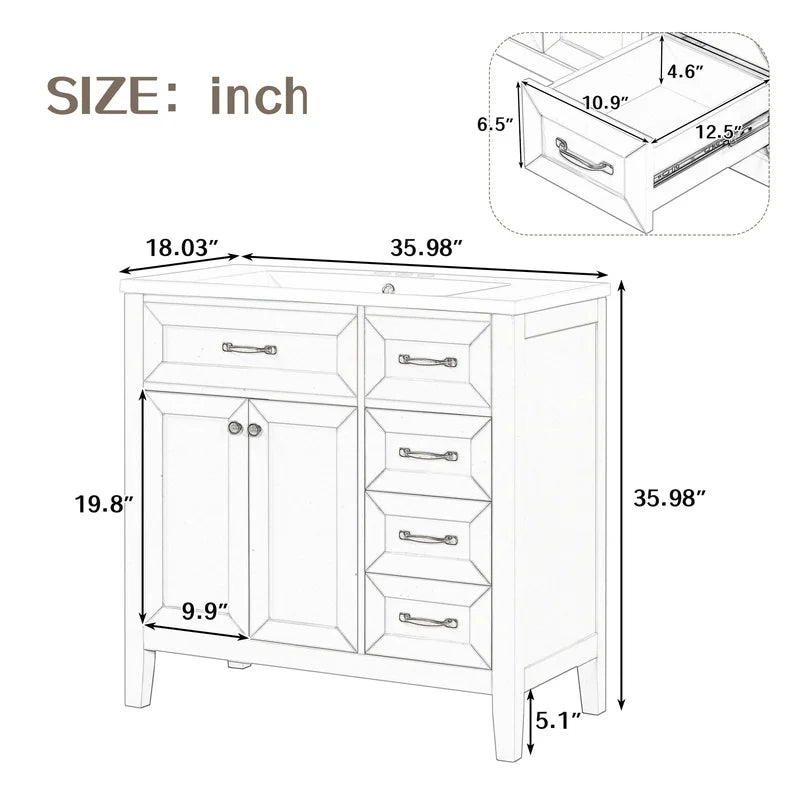 36" Grey Bathroom Vanity with Sink and Drawers, Solid Frame MDF Cabinet