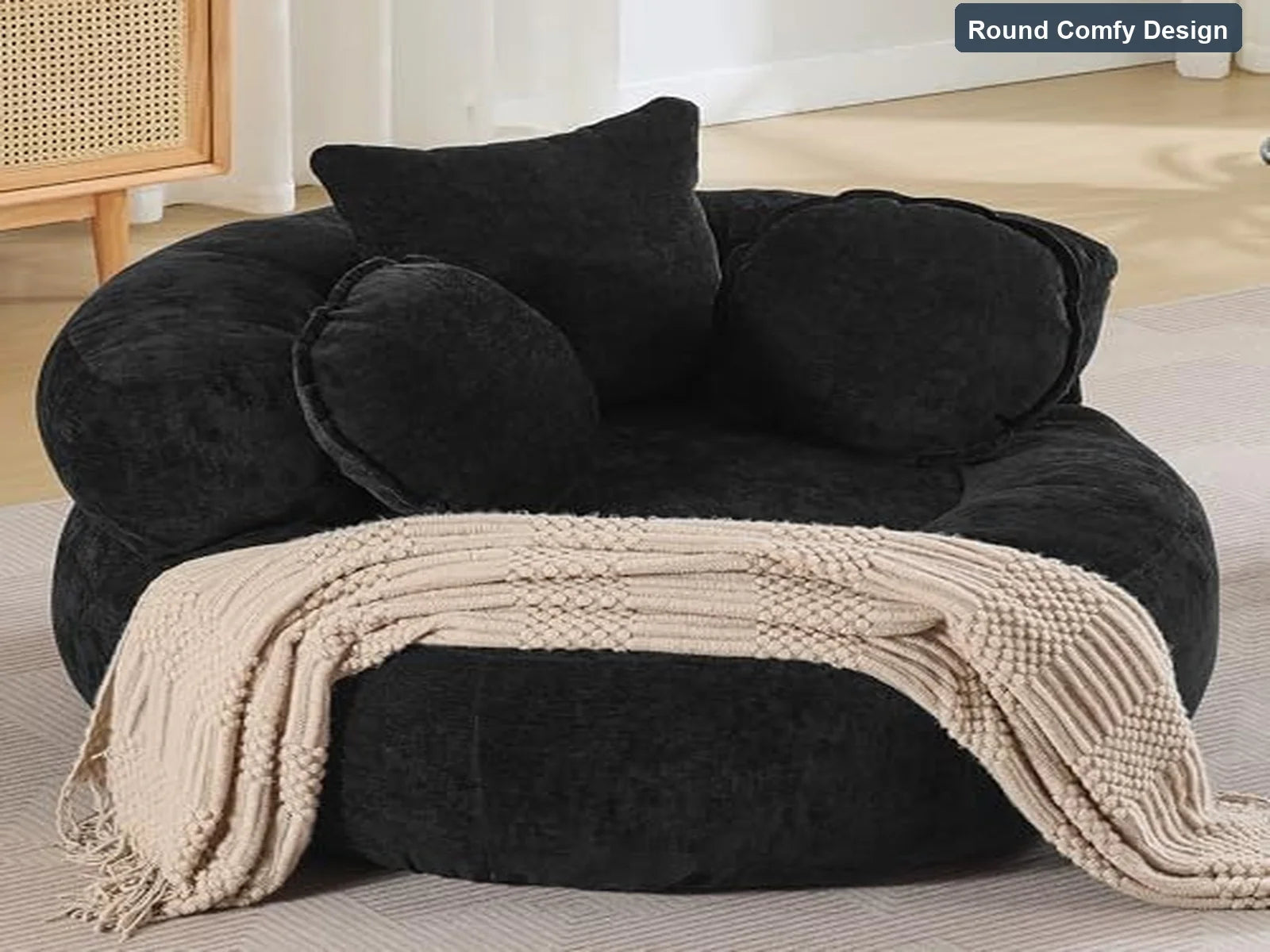 Oversized Bean Bag Chair 43 Inch Round Chenille Fabric Compressed Sofa Lounge with Pillows Black Living Room Bedroom