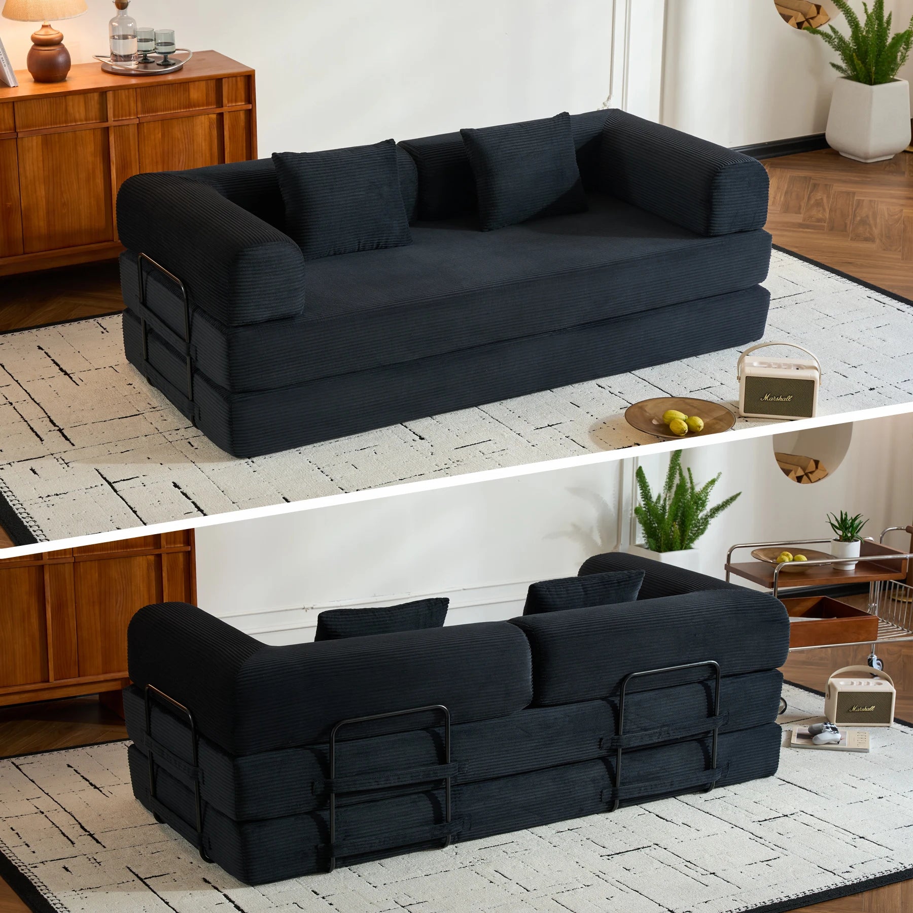 79" Folding Convertible Sofa Bed, Oversized Corduroy Futon Floor Couch, Boneless Loveseat for Small Spaces, Living Room, Bedroom