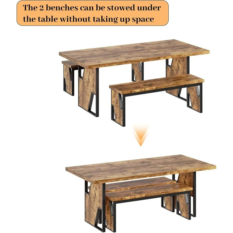 Heritage Farmhouse Dining Table Set with Benches – Seats 4 to 6