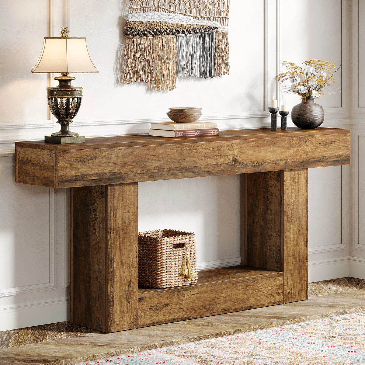 Tribesigns 160 cm Console Table, Farmhouse 2-Tier Entryway Table with U-Shaped Base, Narrow Wood Sofa Table Behind Couch Table