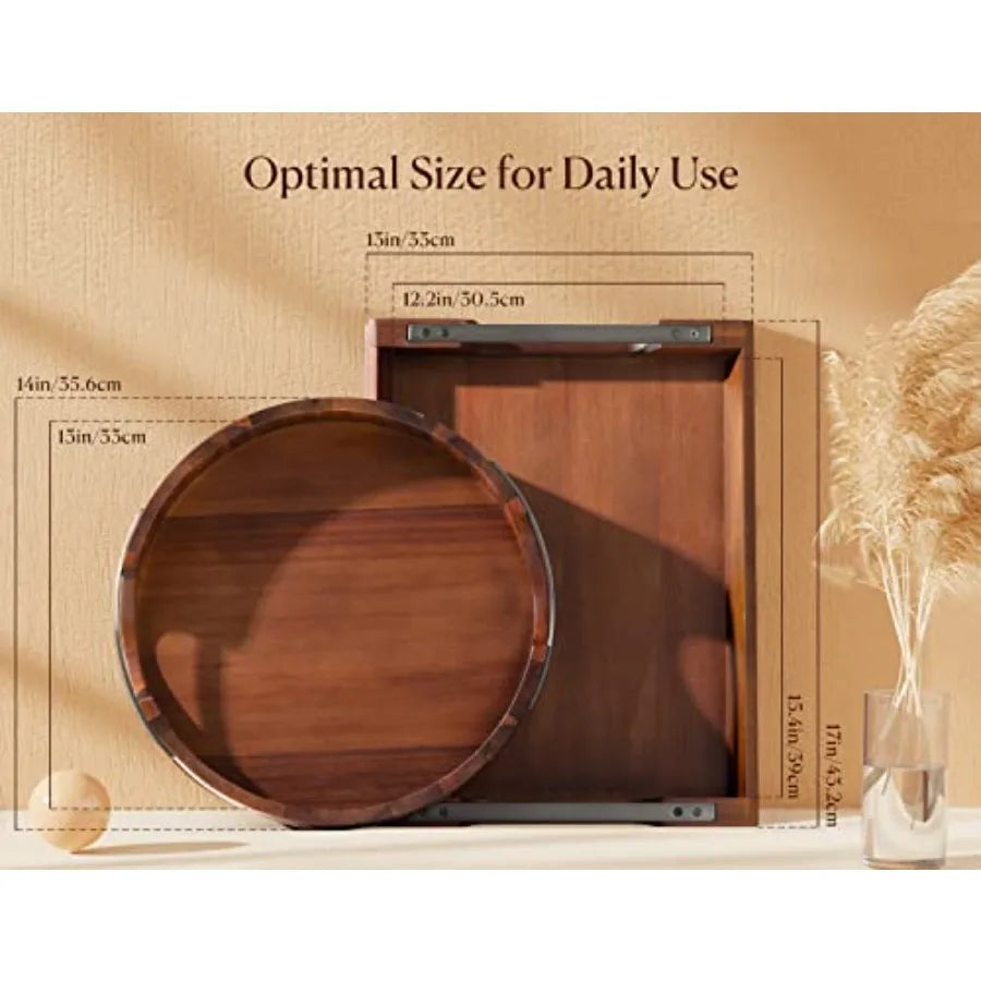 Acacia Wood Serving Tray with Metal Handles