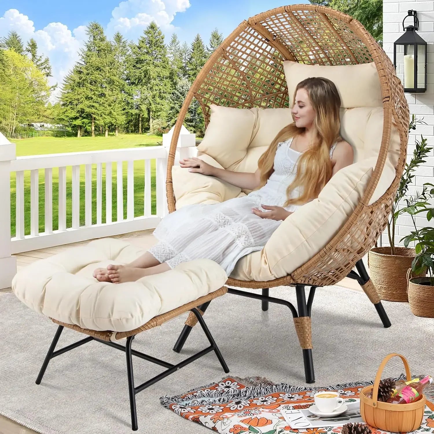Savannah Wicker Egg Lounge Chair with Ottoman