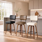 Counter Height Bar Stools Set Of 3, 26in Swivel Bar Stools With Back, Faux Leather Kitchen Island Stools, Bentwood Legs
