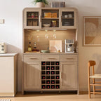 Gray Oak Wine & Coffee Bar Cabinet with LED Lighting, Charging Station, 24-Bottle Wine Rack & Glass Storage