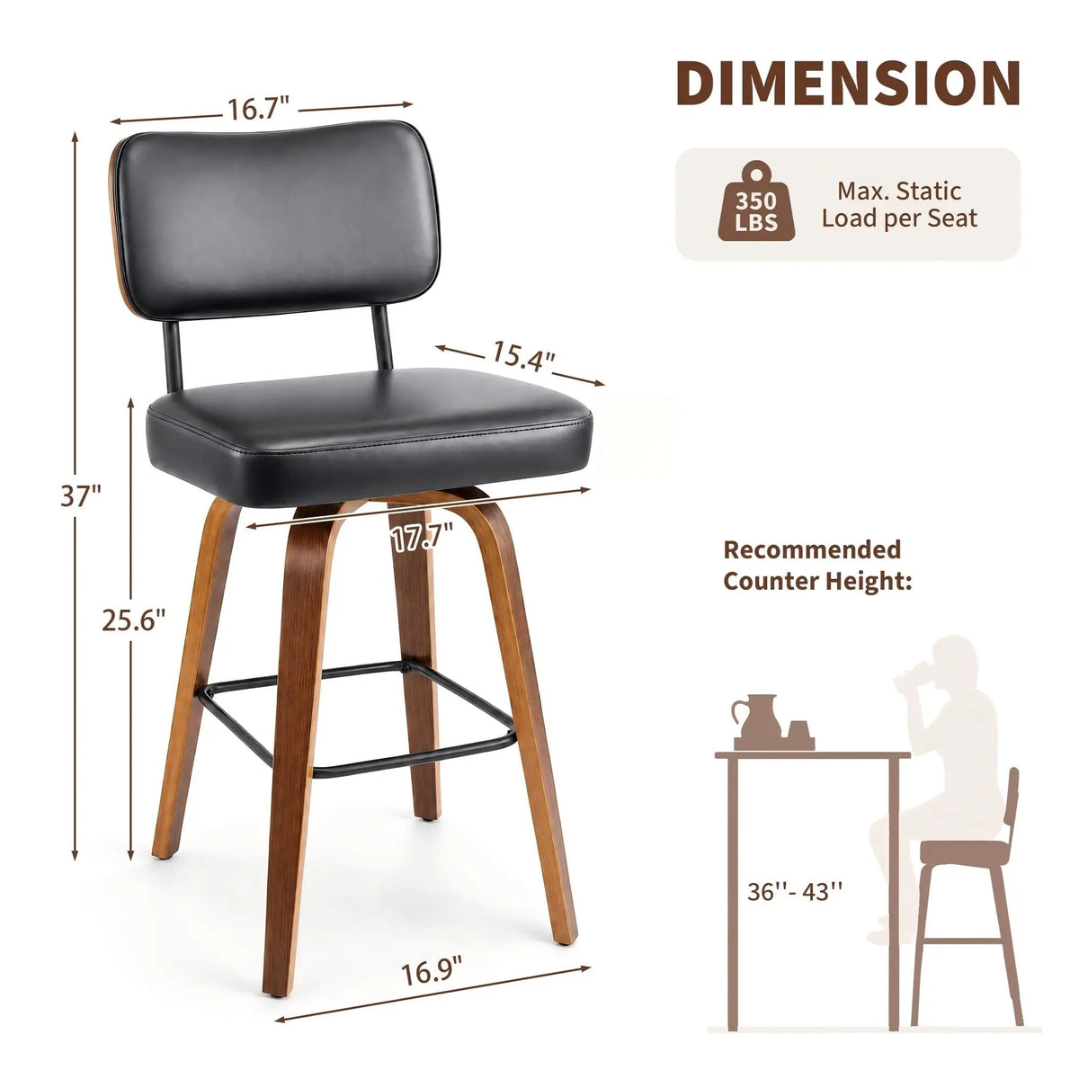 Counter Height Bar Stools Set Of 3, 26in Swivel Bar Stools With Back, Faux Leather Kitchen Island Stools, Bentwood Legs