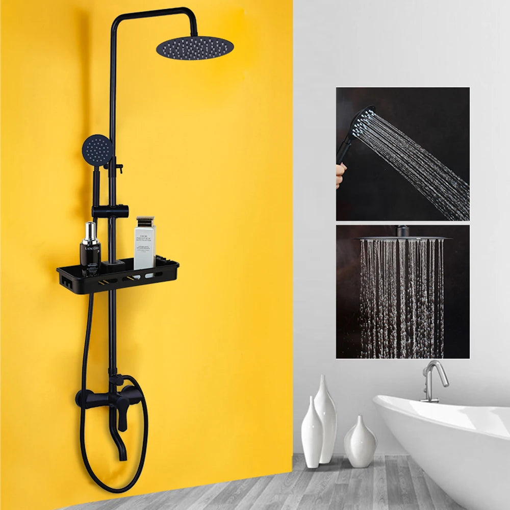 Matte Black Rainfall Shower System with Storage Shelf & Handheld Shower