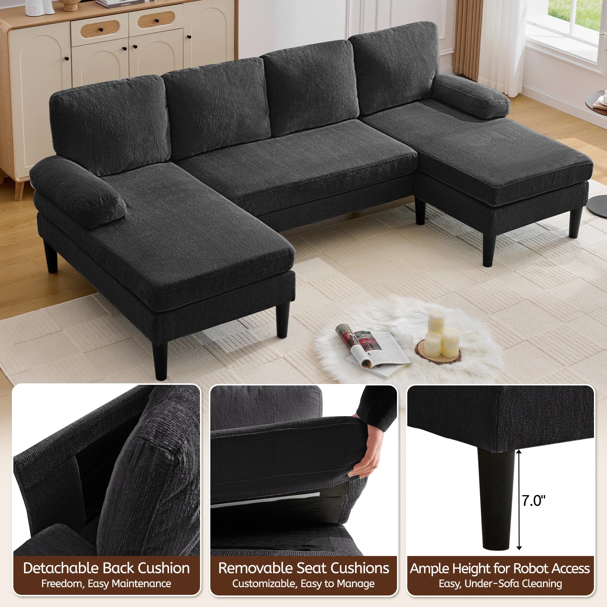 Korser U-Shaped Sectional Sofa 4 Seater Lounge Sleeper with Removable Cushions Upholstered Couches for Living Room