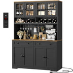 Green Kitchen Pantry & Coffee Bar Hutch with Charging Station, Glass Doors, Wine Storage & 2 Drawers