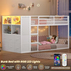 BTHST Bunk Bed Twin Over Twin with 6 Large abric Ders & 4 Wooden Storage Bookshel Organizer, Metal Low Bunk Bed or Kids with LED