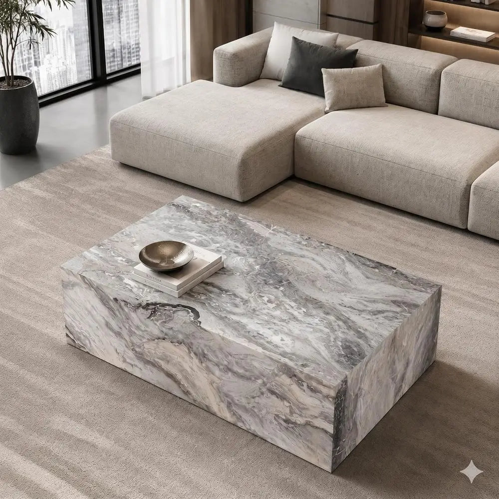 Coffee Table, Modern Faux Marble Living Room Table in Grey, Apartment