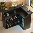 L-Shaped Corner Bar Cabinet with Fridge Space, LED Lights, Wine Storage & Charging Station