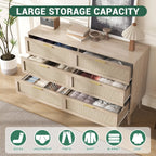 Haven Ridge Mid-Century Rattan Dresser with Gold Handles – 6 Drawer