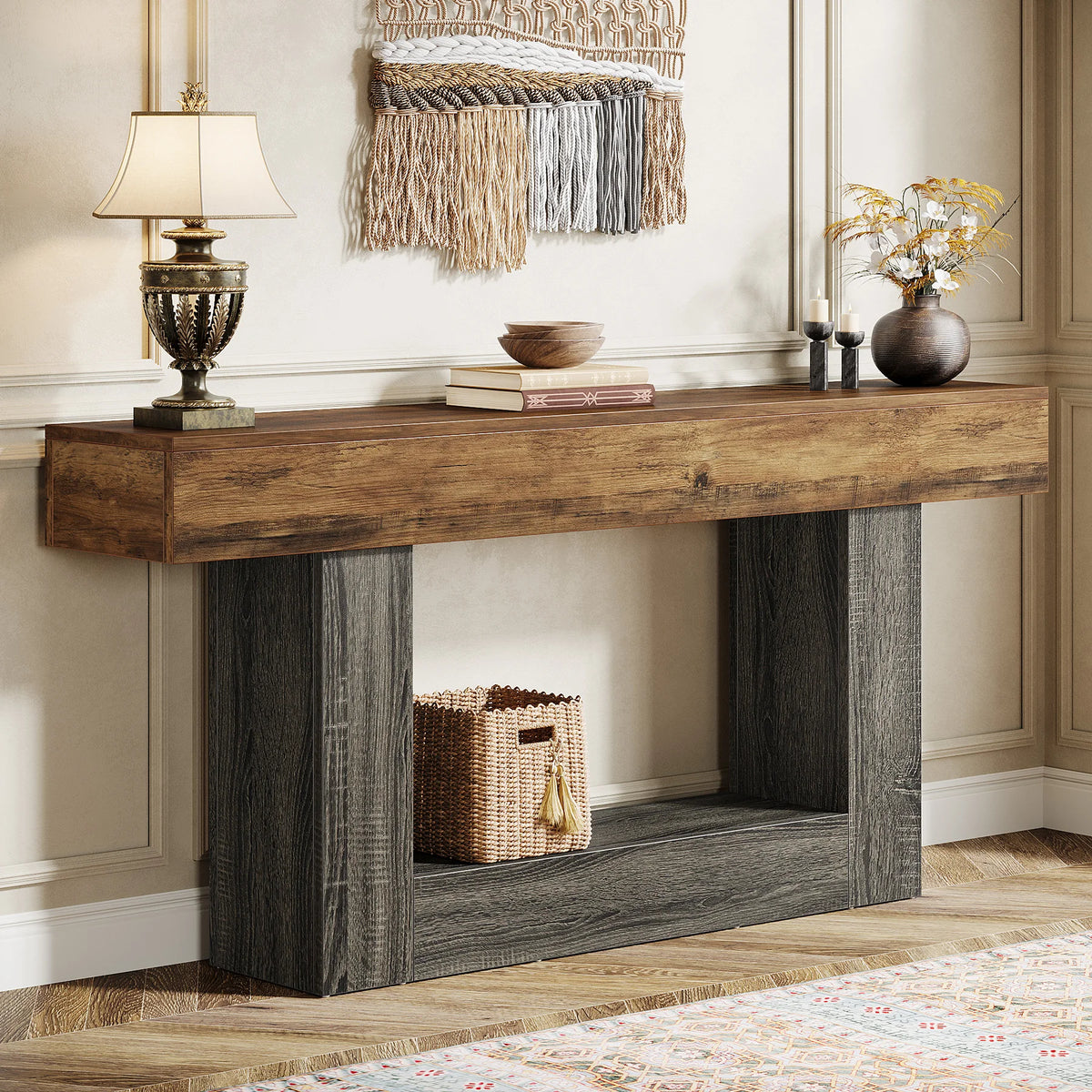 Tribesigns 160 cm Console Table, Farmhouse 2-Tier Entryway Table with U-Shaped Base, Narrow Wood Sofa Table Behind Couch Table