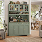 Green Kitchen Pantry & Coffee Bar Hutch with Charging Station, Glass Doors, Wine Storage & 2 Drawers