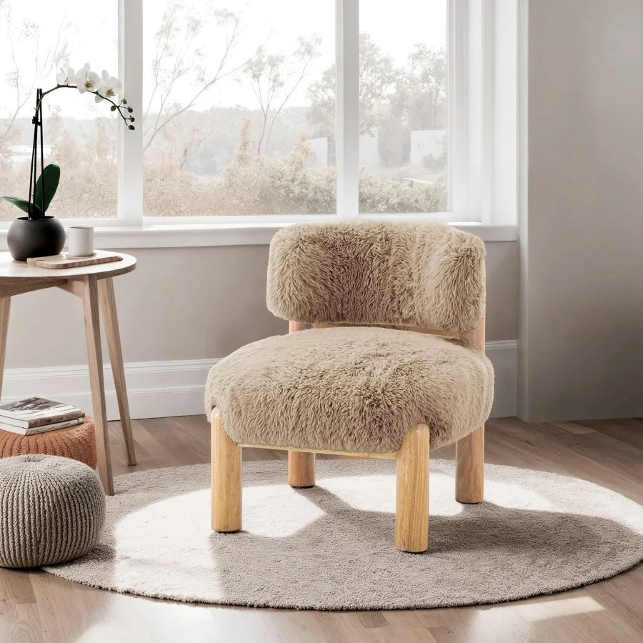 Mushroom Finish Accent Chair Fur Fabric Wooden Legs Curved Backrest Contemporary Primary Living Room For Living, Dining Rooms