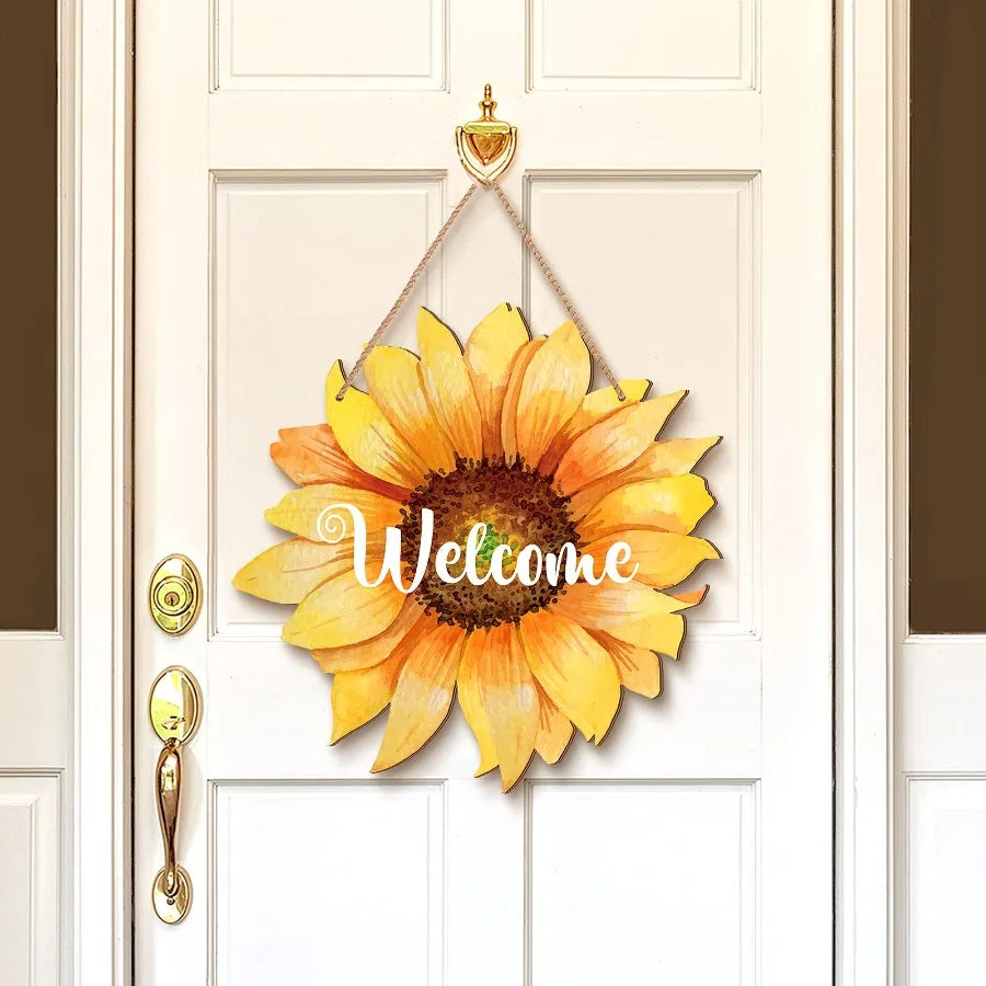 Welcome Wood Door Hanger 12 Inch Large Wooden Flower Sign, Inspirational Wall Porch Art, Summer Fall Front Door Wreath, Indoor