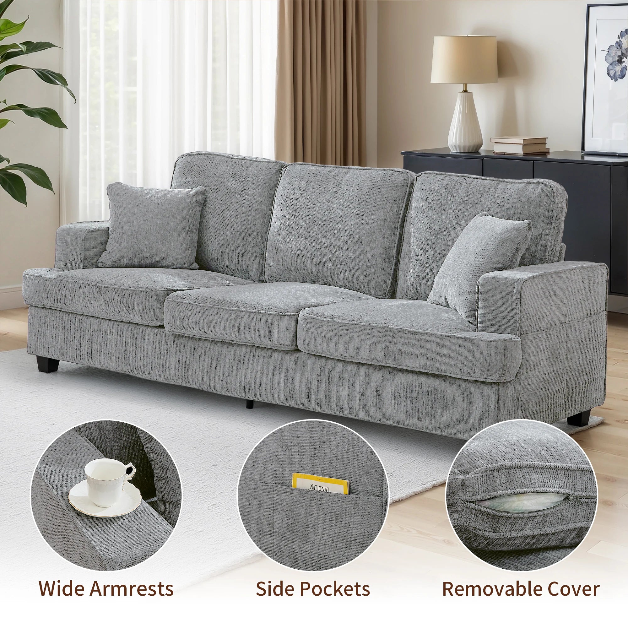 Couches for Living Room, 89 inch Cloud Couch Sofa in Chenile with Extra Comfy Soft Seats, Modern 3 Seater Sofas for Bedroom