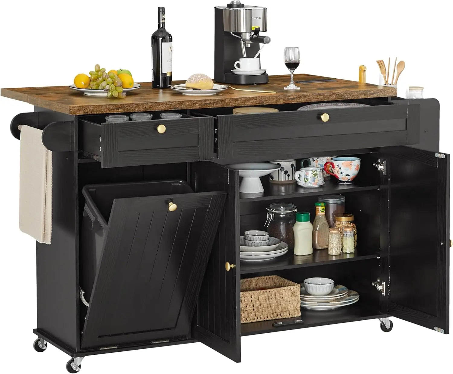Rolling Kitchen Island with Drop Leaf, Power Outlet & Storage