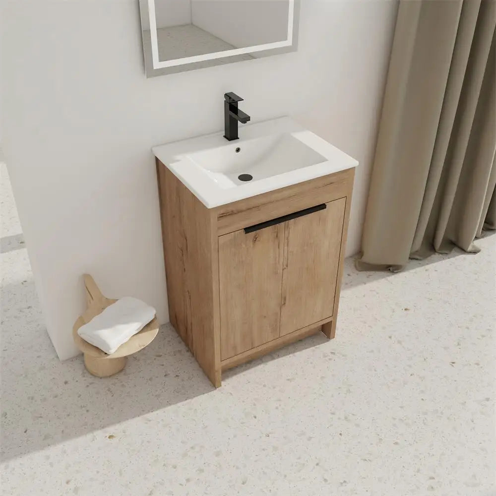 24" Freestanding Bathroom Vanity with White Ceramic Sink & 2 Soft-Close Cabinet Doors