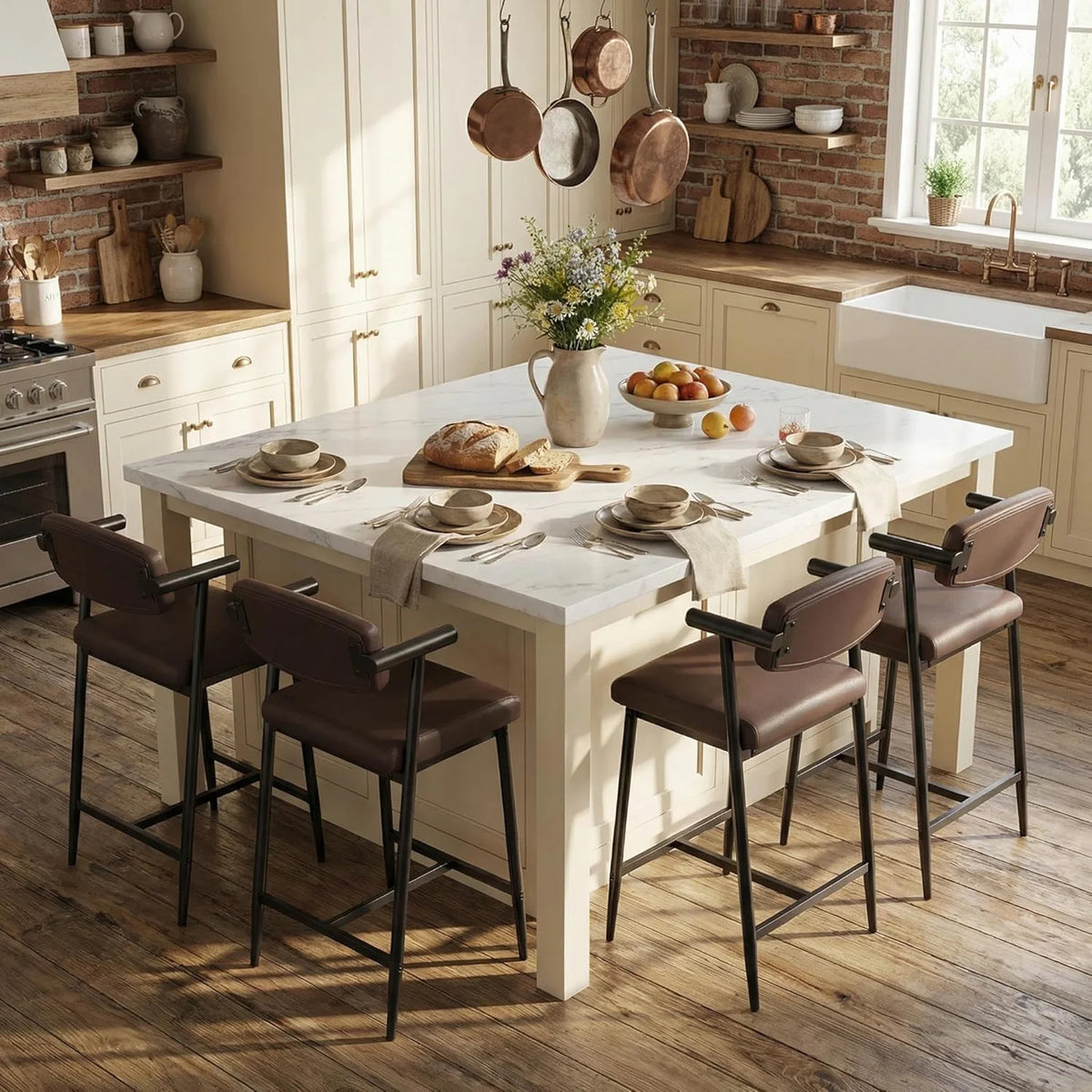 Upholstered Counter Height Bar Stools with Arms, Wide Seats & Metal Frames