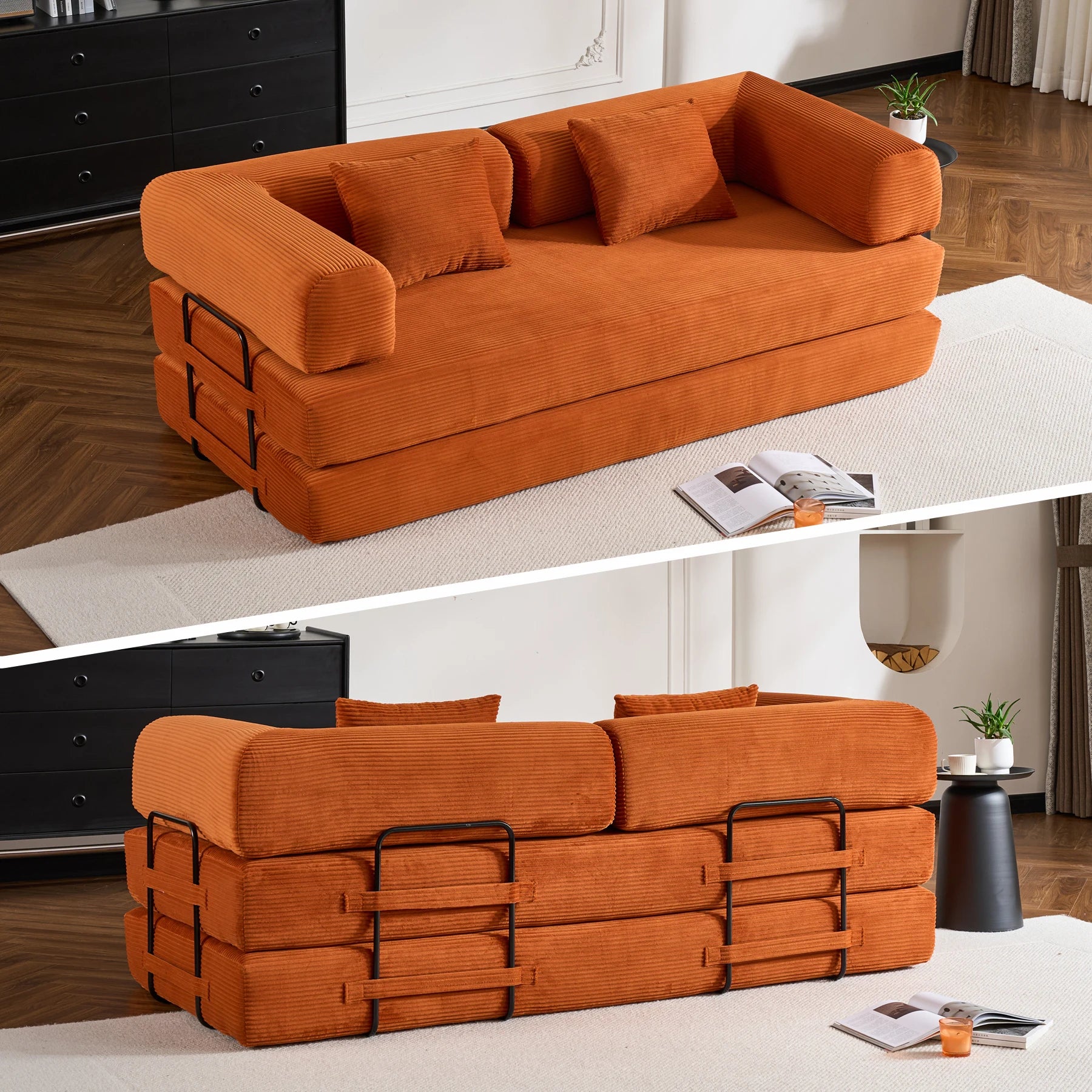 79" Folding Convertible Sofa Bed, Oversized Corduroy Futon Floor Couch, Boneless Loveseat for Small Spaces, Living Room, Bedroom