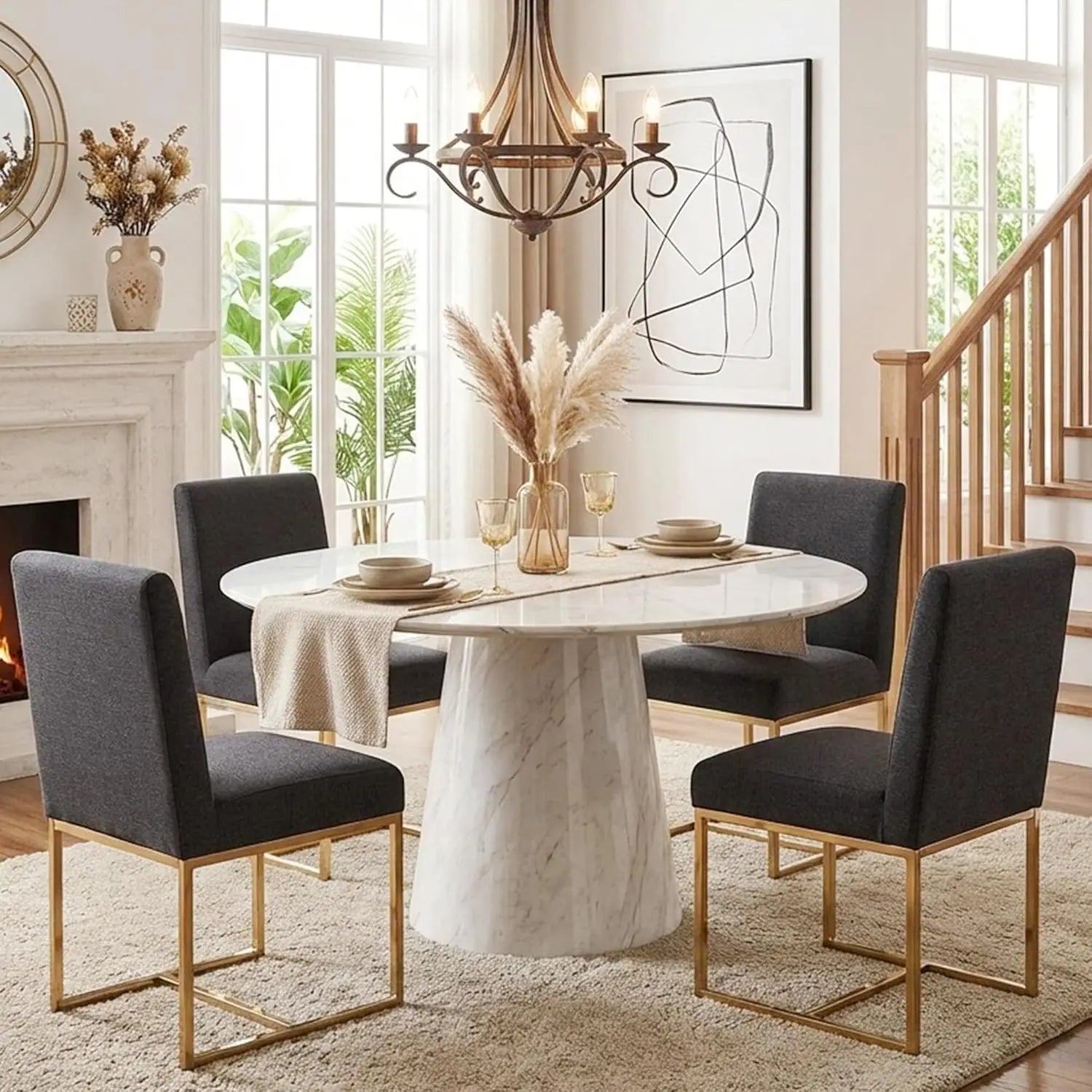 Monroe Mid-Century Linen Dining Chairs with Gold Frame