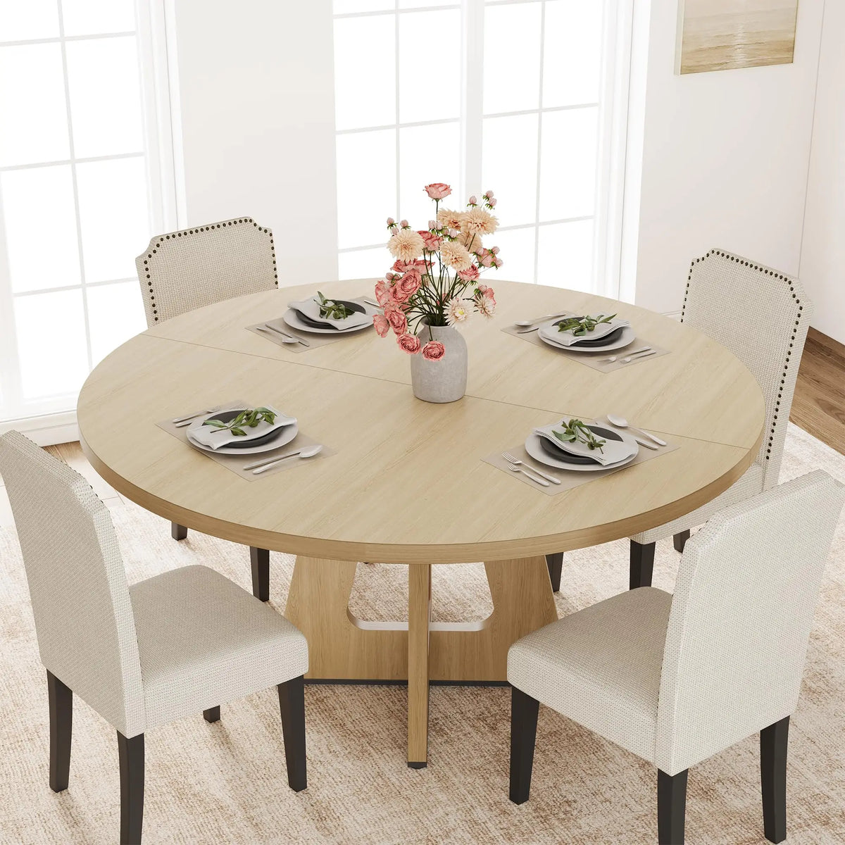 47-63 Inch Extendable Round Dining Table For 4-8, Farmhouse Oval Kitchen Table With Leaf Storage Caddy and Wood Cross Pedestal Base
