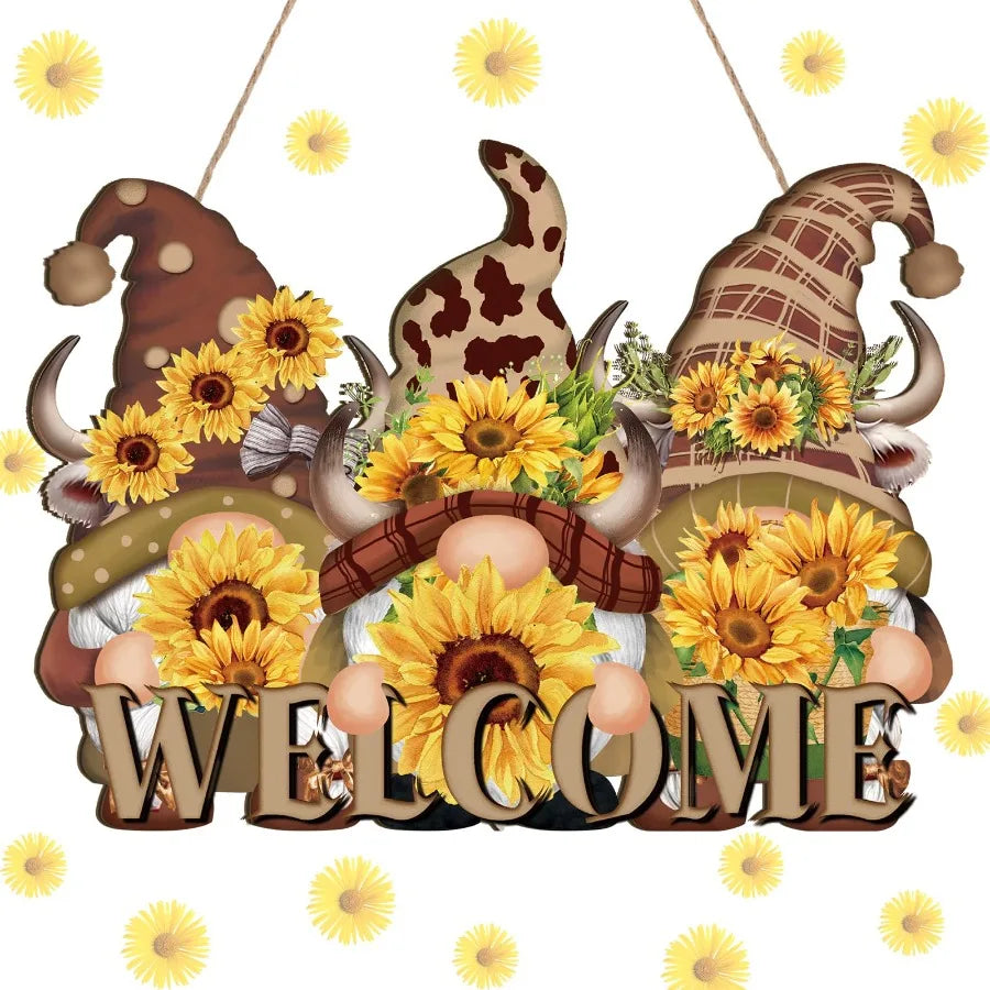 Welcome Wood Door Hanger 12 Inch Large Wooden Flower Sign, Inspirational Wall Porch Art, Summer Fall Front Door Wreath, Indoor