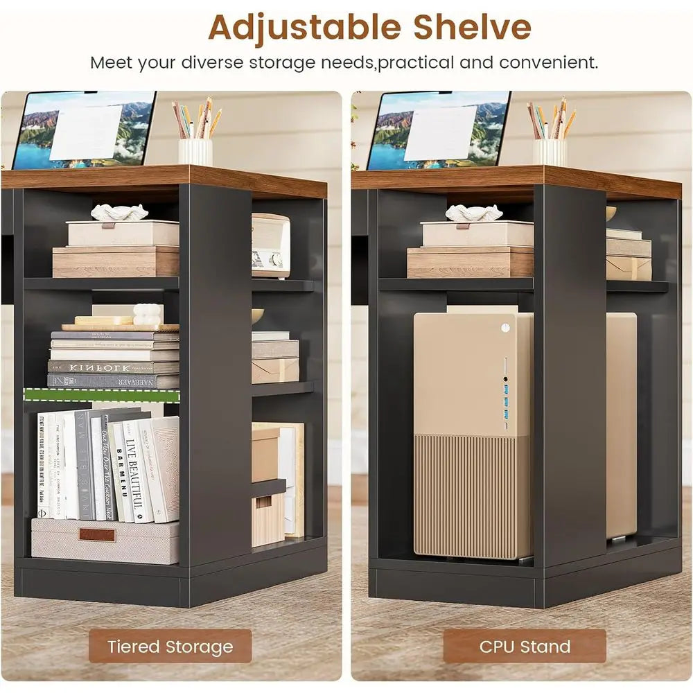 Forge Executive 65" L-Shaped Office Desk with Locking File Cabinet, LED Lighting & Power Station