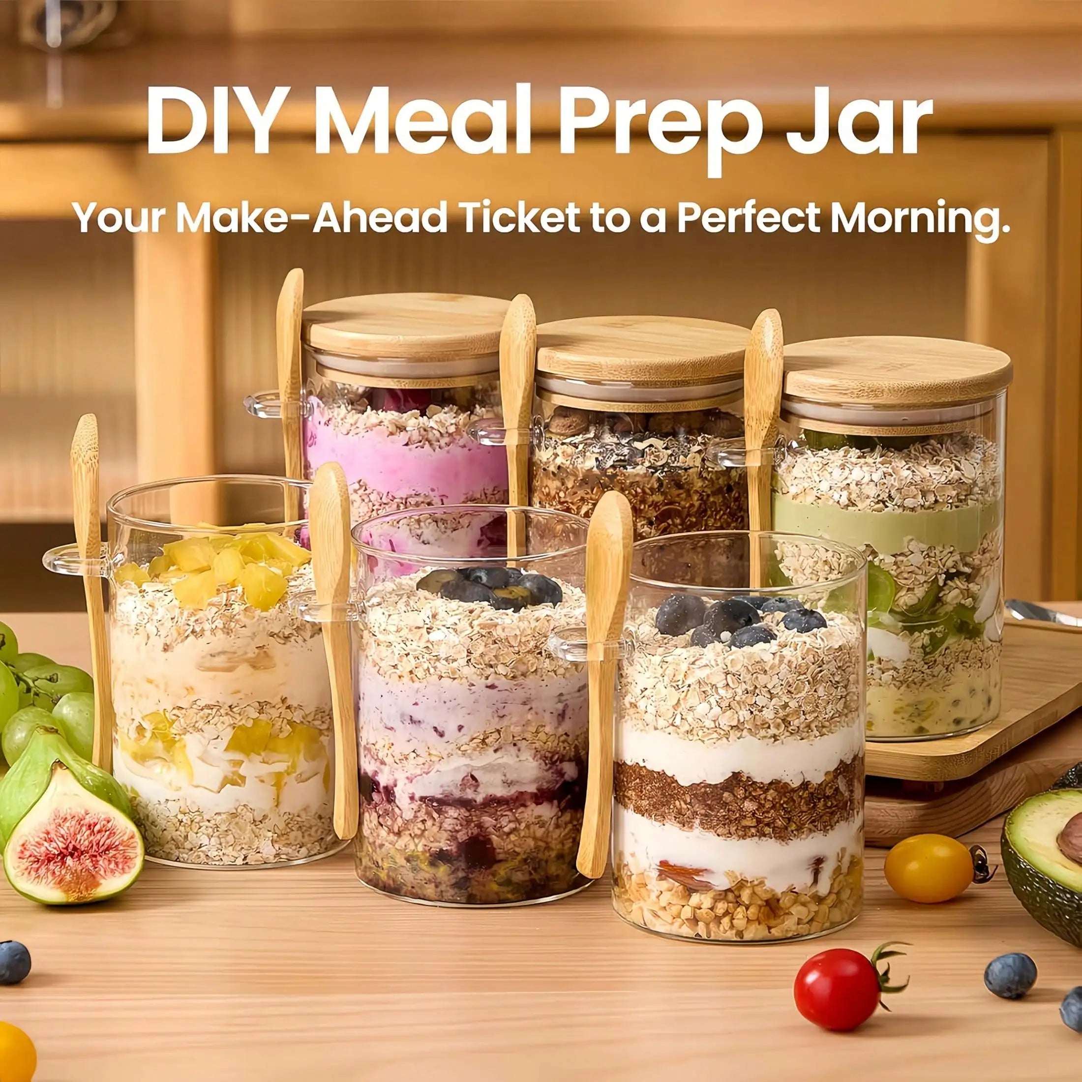 PurePantry 4-Piece Glass Food Storage Jar Set with Bamboo Lids & Spoons
