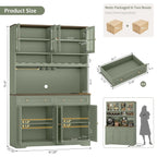 Green Kitchen Pantry & Coffee Bar Hutch with Charging Station, Glass Doors, Wine Storage & 2 Drawers