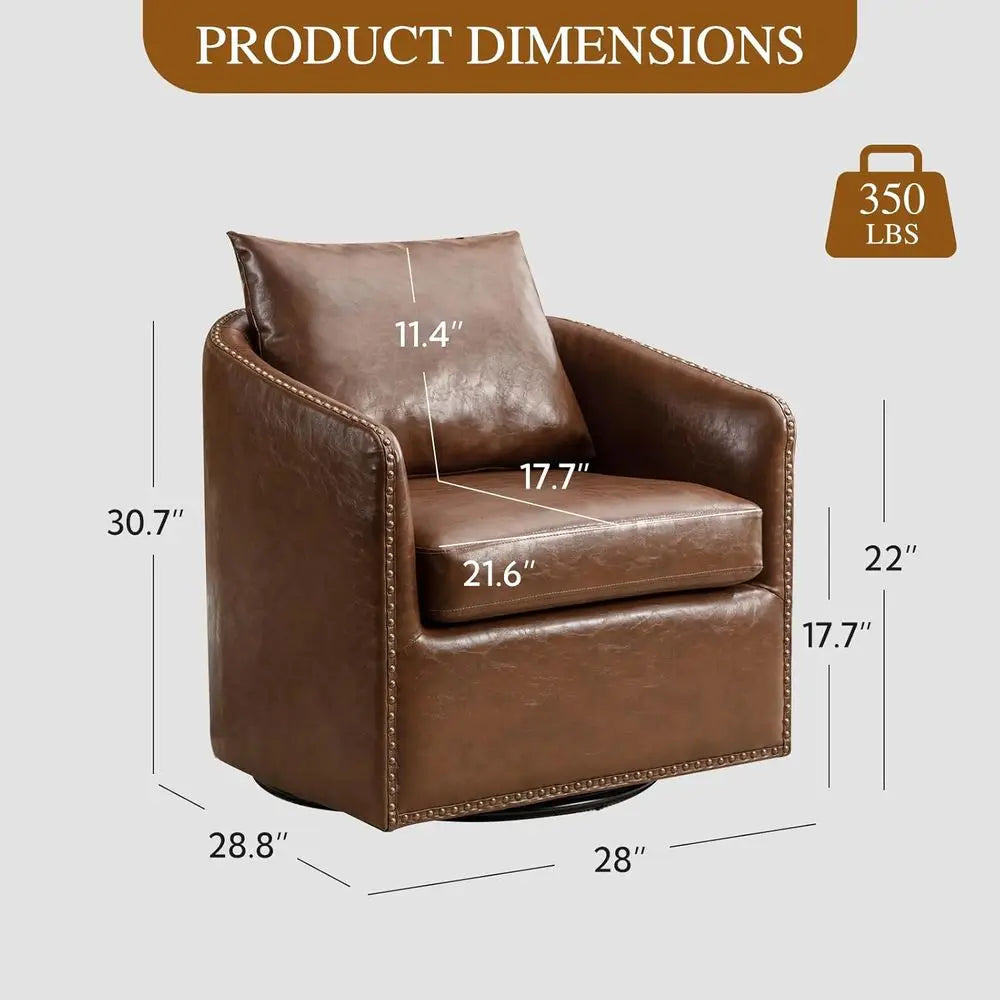 360 Degree Swivel Accent Chair Set o Two with Plump Back Pillow, Waterproo Oil Waxed PU Leather Swivel Armchair with Rivets, Com