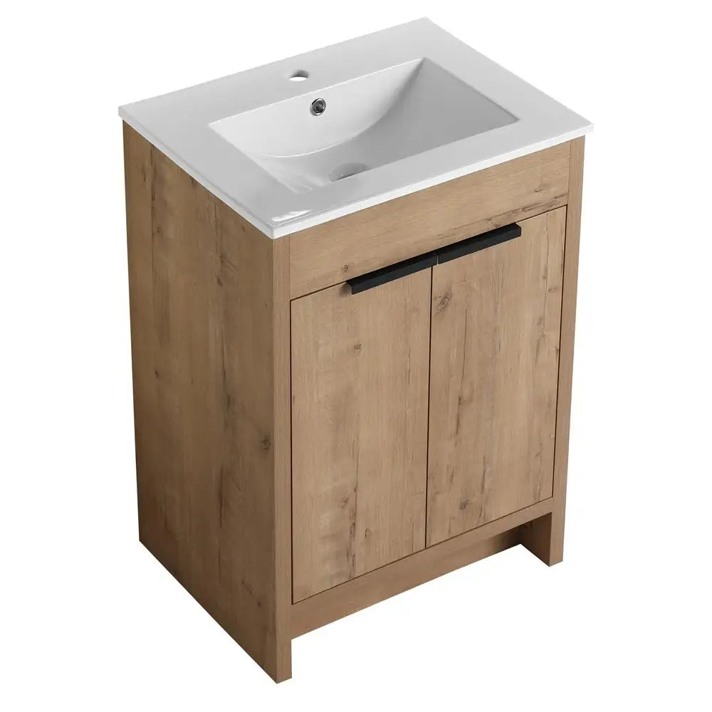 24" Freestanding Bathroom Vanity with White Ceramic Sink & 2 Soft-Close Cabinet Doors