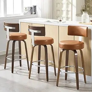 Walnut Crest Swivel Faux Leather Bar Stools