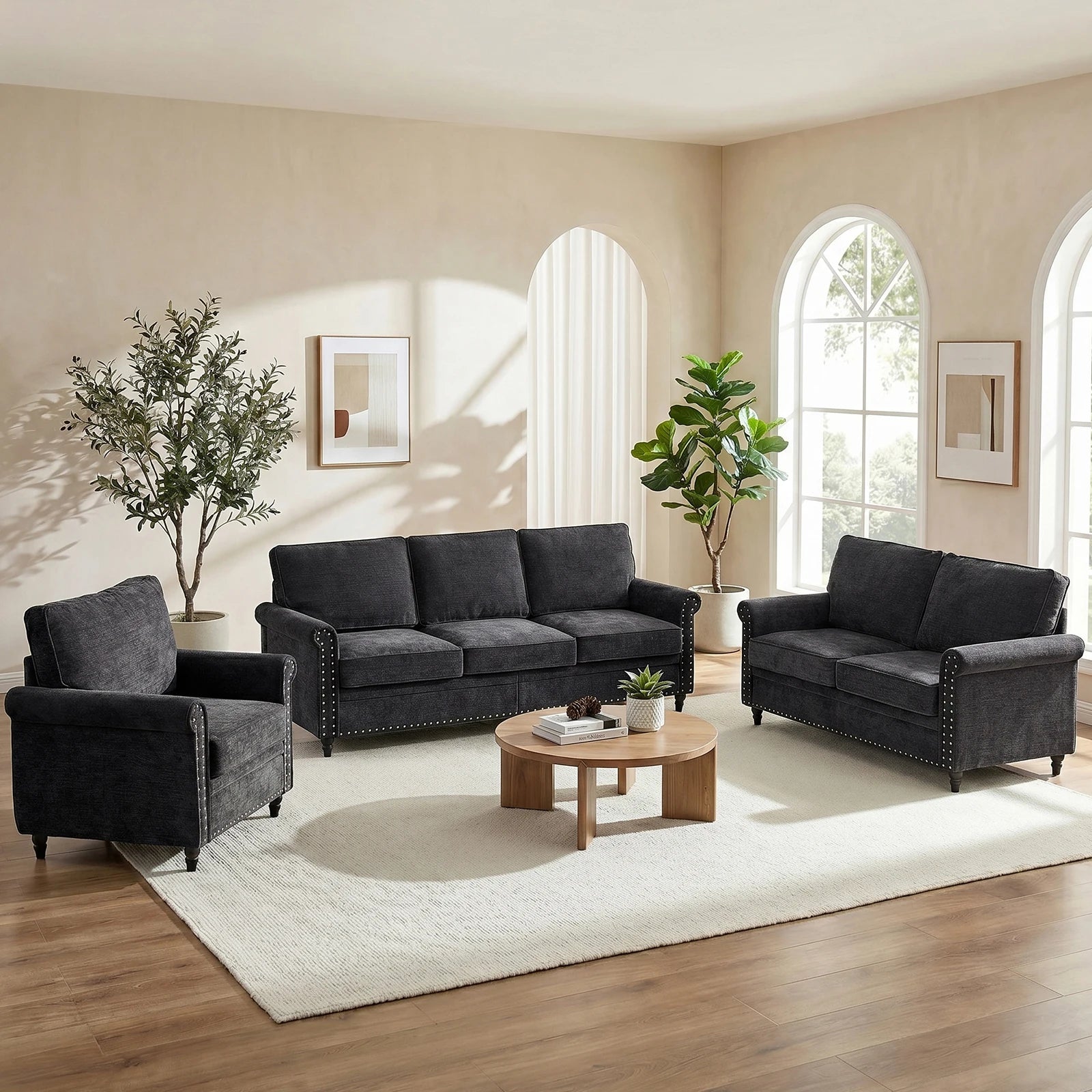Chenille Living Room Sofa Set with Thick Cushions & Wood Frame - 3-Piece