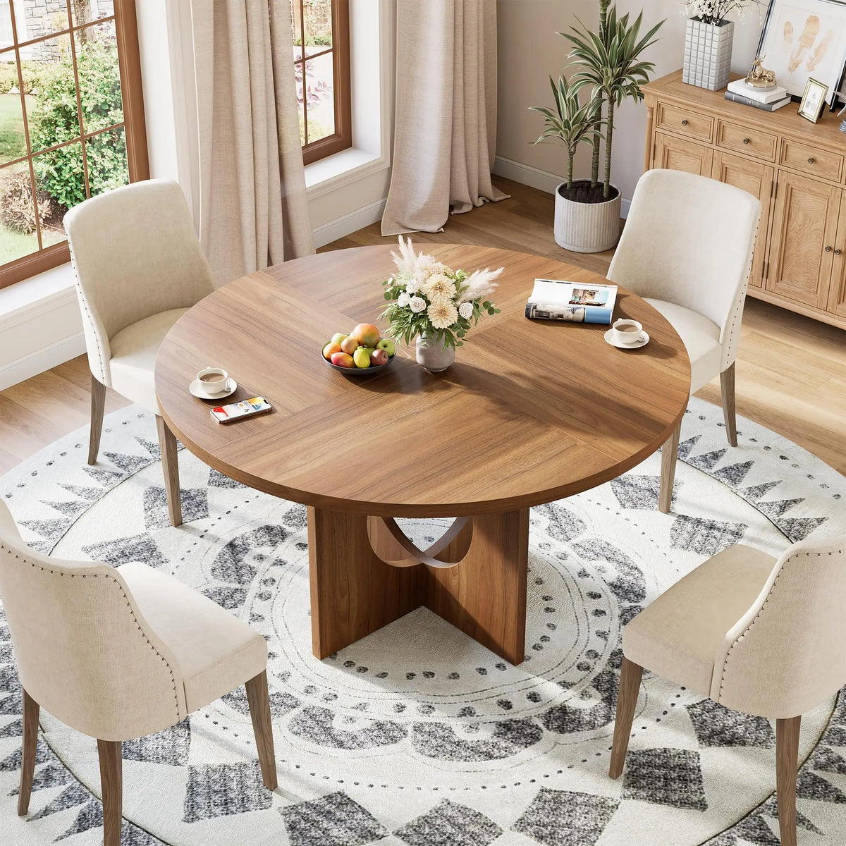 Round Dining Table for 4-6, Wood Dining Room Table, Kitchen Dinner Tables | 47.2'' Farmhouse Dining Room Table with Wooden Pedestal Base, Circle, for Living Room, Balcony, Apartment, O-Shape
