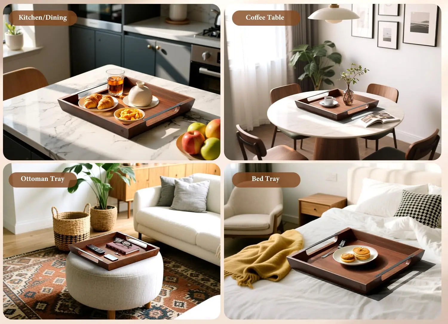 Oak & Iron Acacia Wood Ottoman Serving Tray