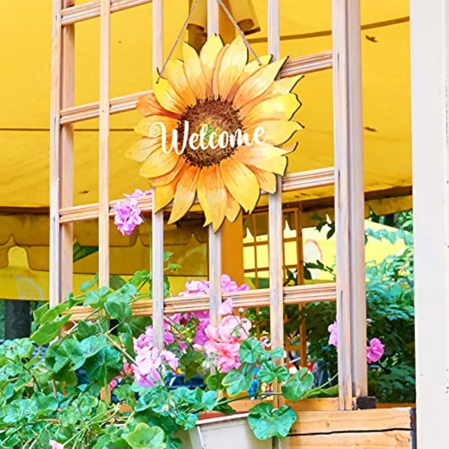 Welcome Wood Door Hanger 12 Inch Large Wooden Flower Sign, Inspirational Wall Porch Art, Summer Fall Front Door Wreath, Indoor
