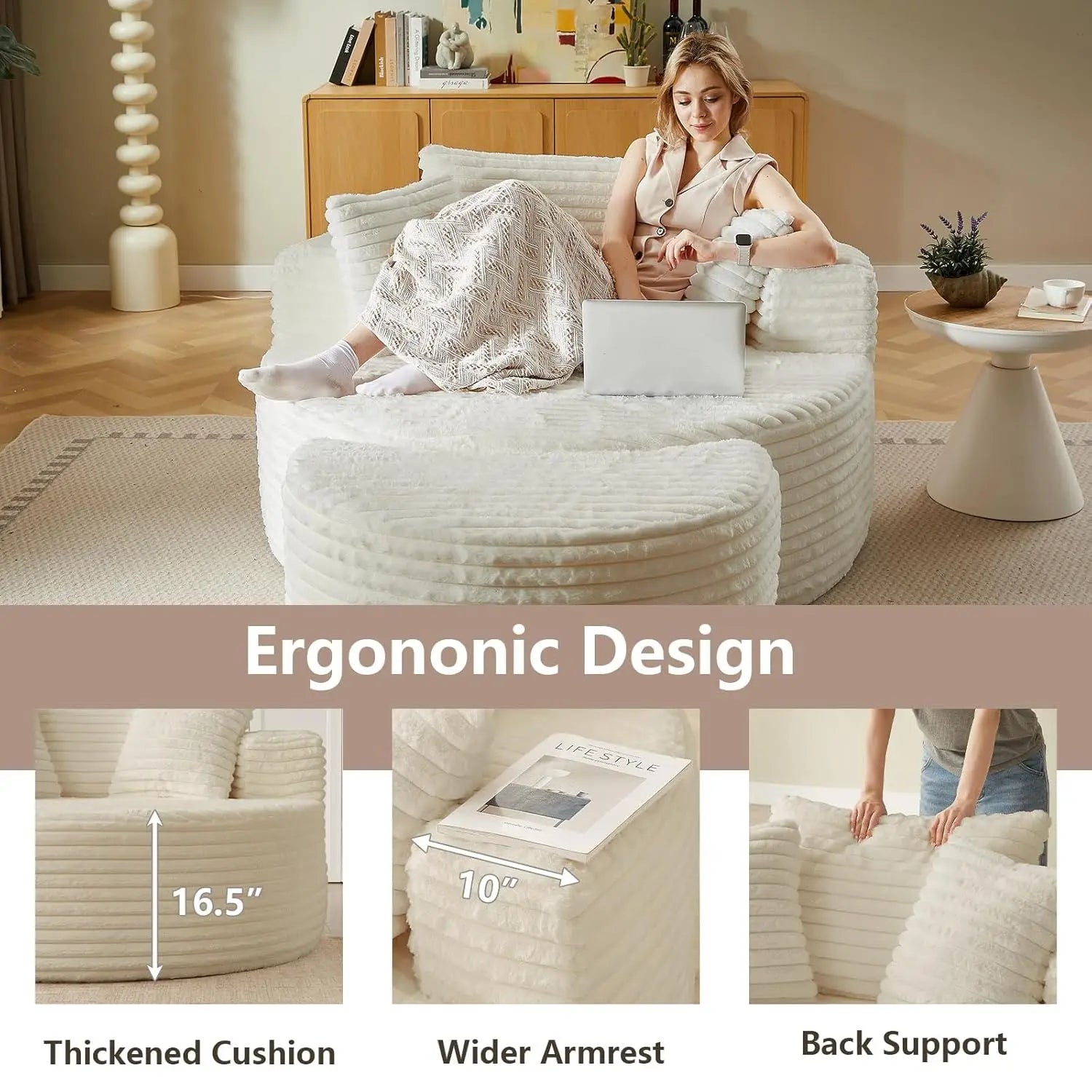 CloudNest Round Corduroy Chaise Lounge with Ottoman